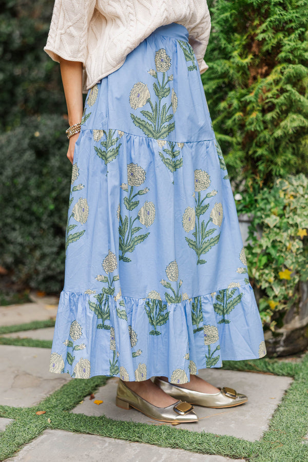 Getting Close Light Blue Medallion Midi Skirt