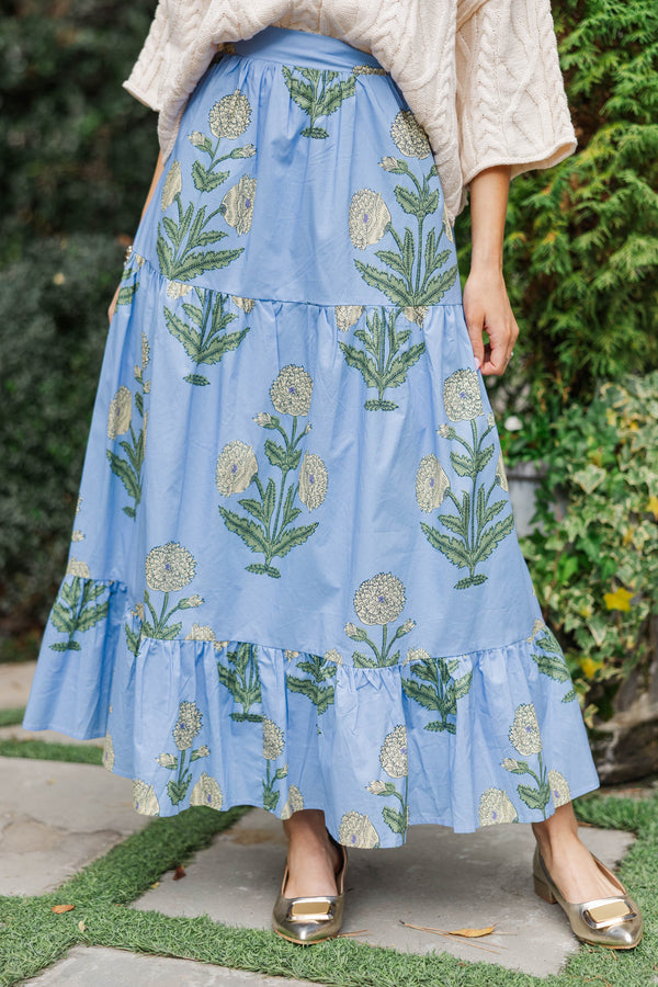 Getting Close Light Blue Medallion Midi Skirt