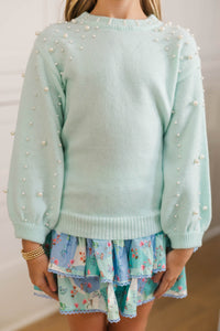 Girls: Can't Help But Love Mint Pearl Studded Sweater