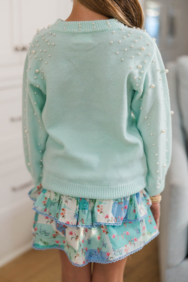 Girls: Can't Help But Love Mint Pearl Studded Sweater