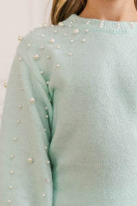 Girls: Can't Help But Love Mint Pearl Studded Sweater