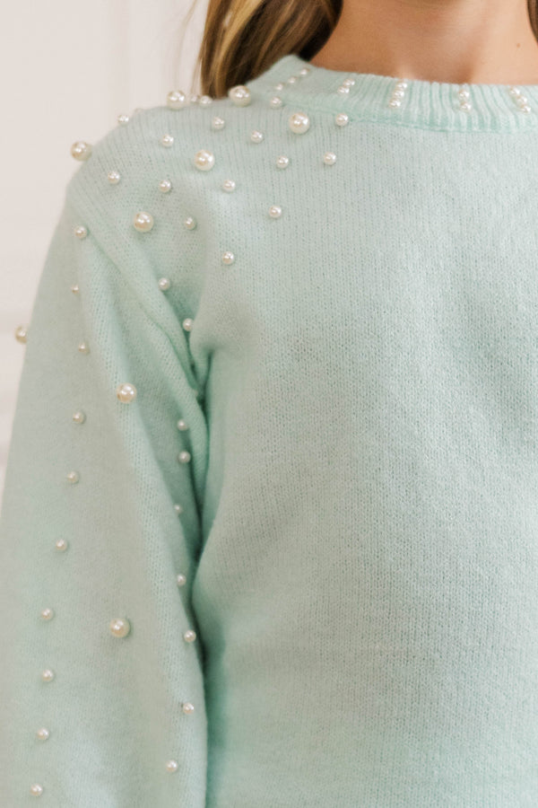 Girls: Can't Help But Love Mint Pearl Studded Sweater