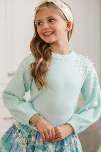Girls: Can't Help But Love Mint Pearl Studded Sweater
