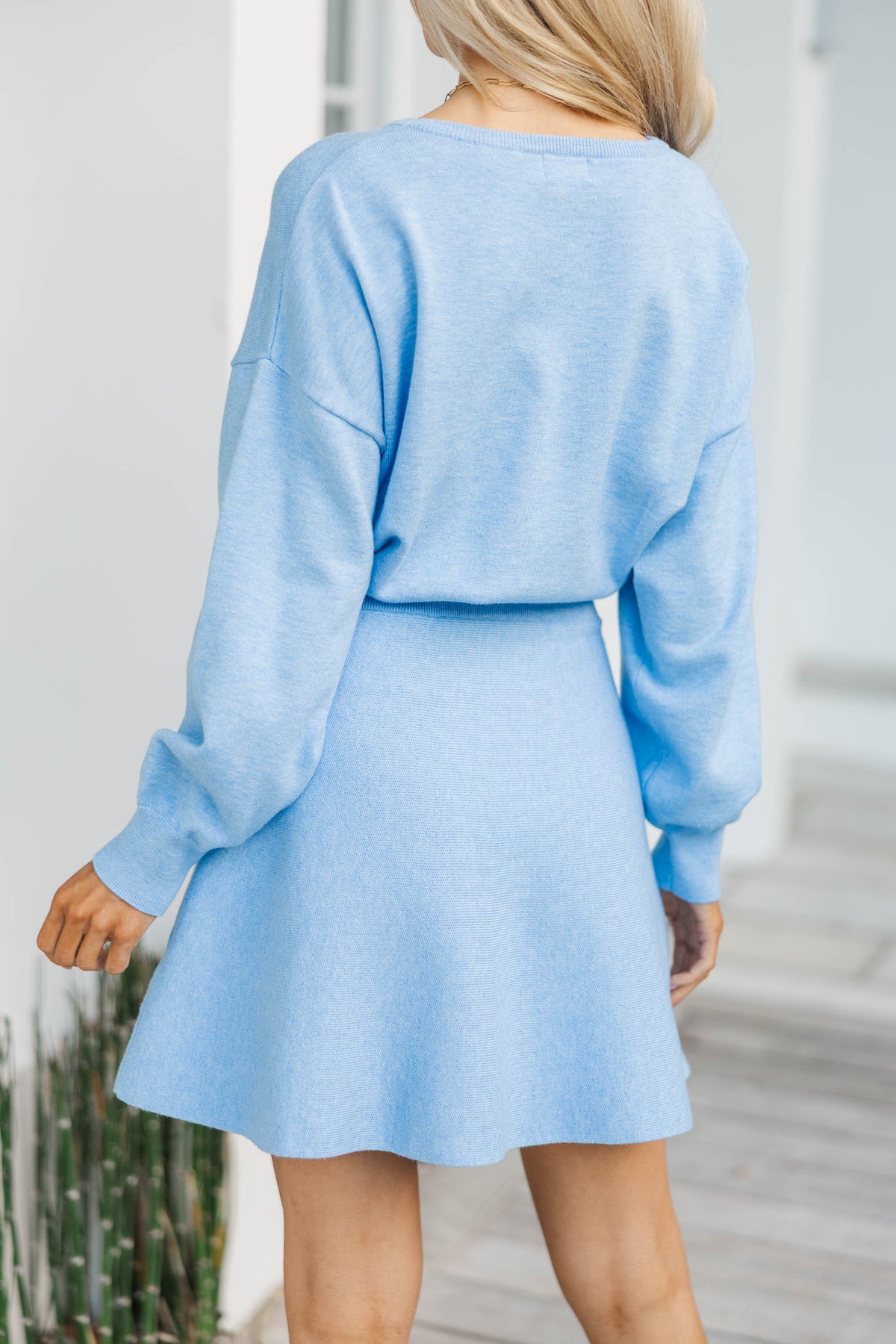 light blue floral mini dress Blue Knit Dress High Neck Midi