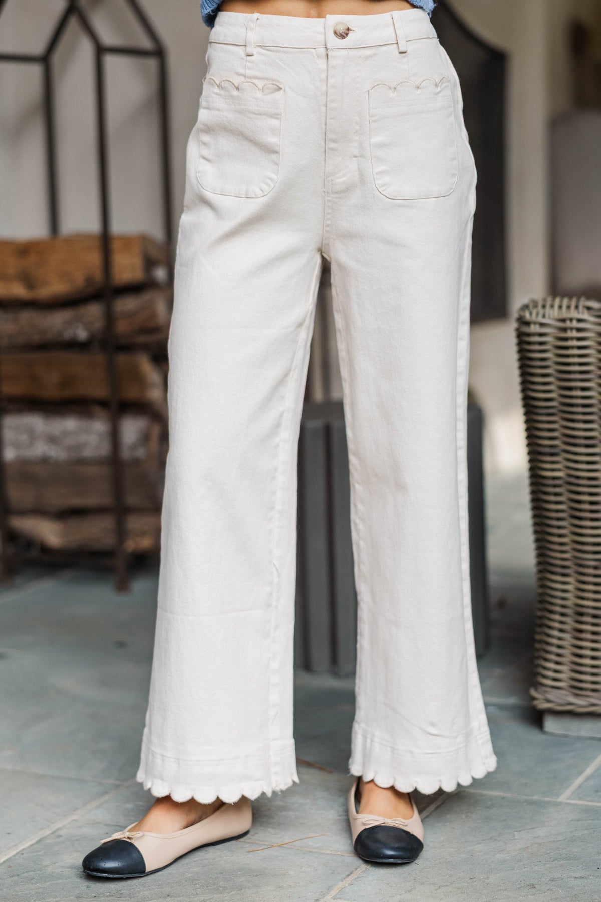 Women's Cream Wide Leg Denim Jeans