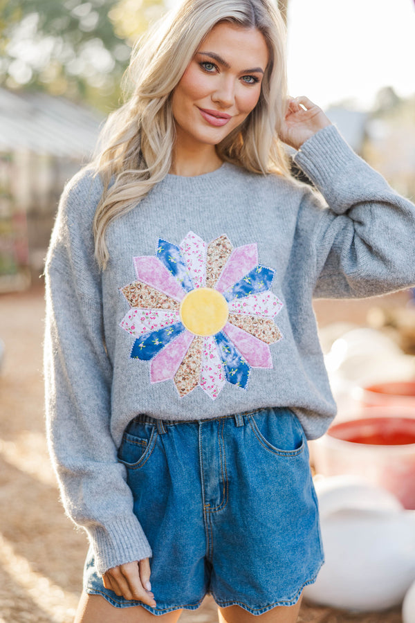 Morning Light Heather Gray Embroidered Sweater