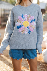 Morning Light Heather Gray Embroidered Sweater