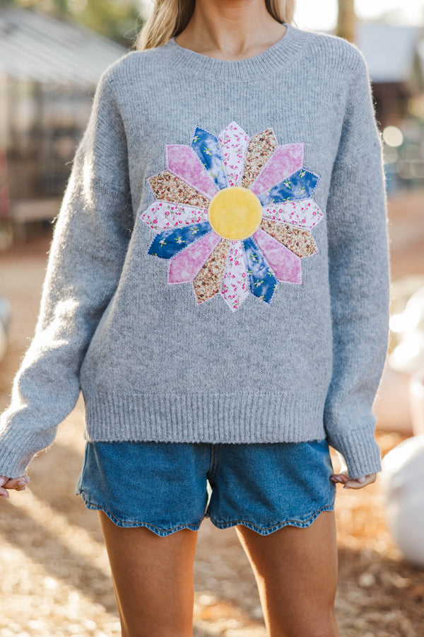 Morning Light Heather Gray Embroidered Sweater