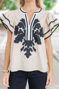 Elegance Awaits Taupe Medallion Blouse