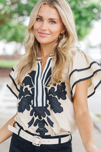 Elegance Awaits Taupe Medallion Blouse