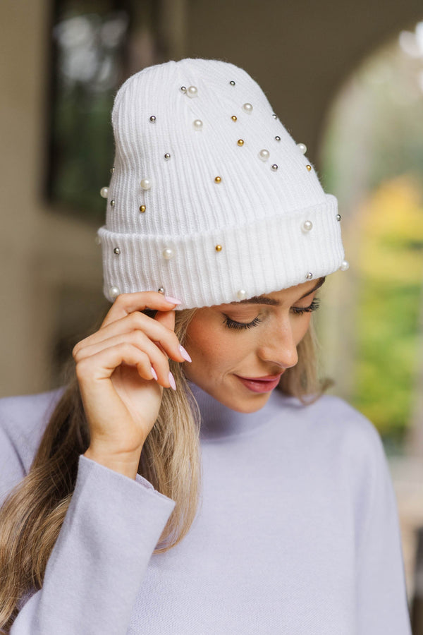 Chilly Day Charm White Embellished Hat