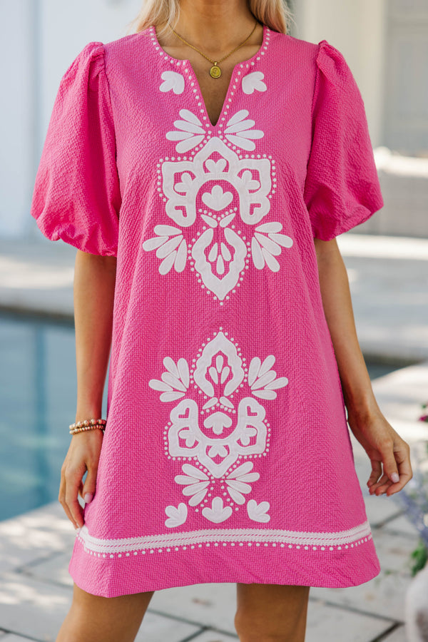 As Time Flies Fuchsia Embroidered Shift Dress