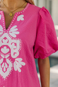 As Time Flies Fuchsia Embroidered Shift Dress