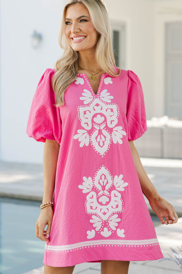 As Time Flies Fuchsia Embroidered Shift Dress
