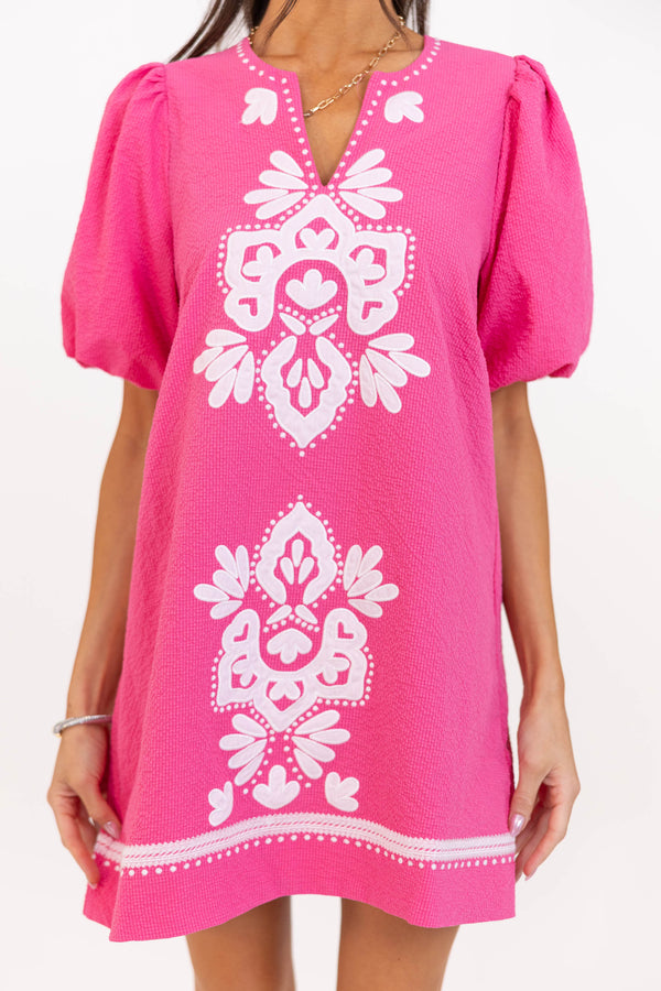 As Time Flies Fuchsia Embroidered Shift Dress