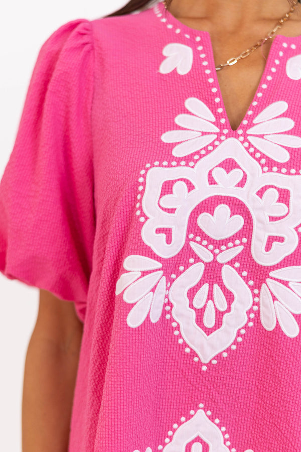 As Time Flies Fuchsia Embroidered Shift Dress