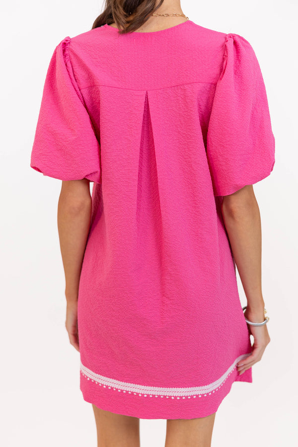 As Time Flies Fuchsia Embroidered Shift Dress
