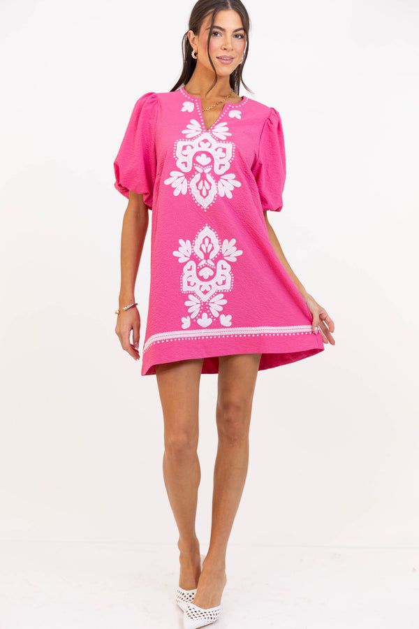 As Time Flies Fuchsia Embroidered Shift Dress