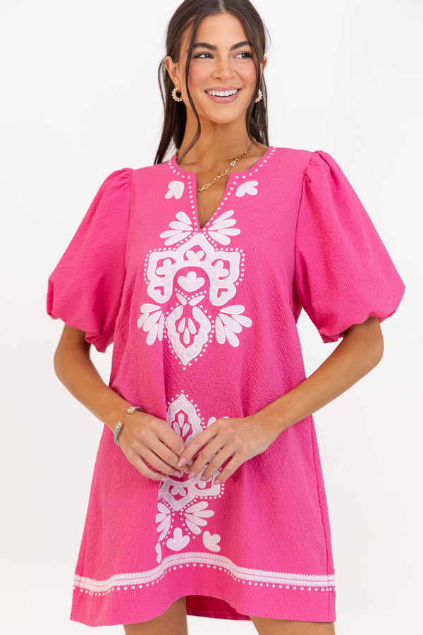 As Time Flies Fuchsia Embroidered Shift Dress