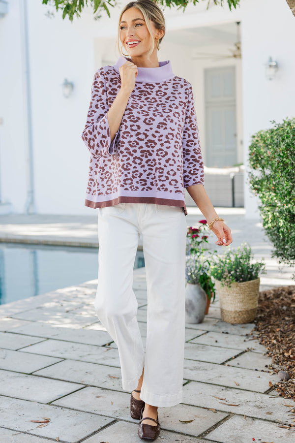 Just A Feeling Lavender Leopard Print Mock Neck Sweater
