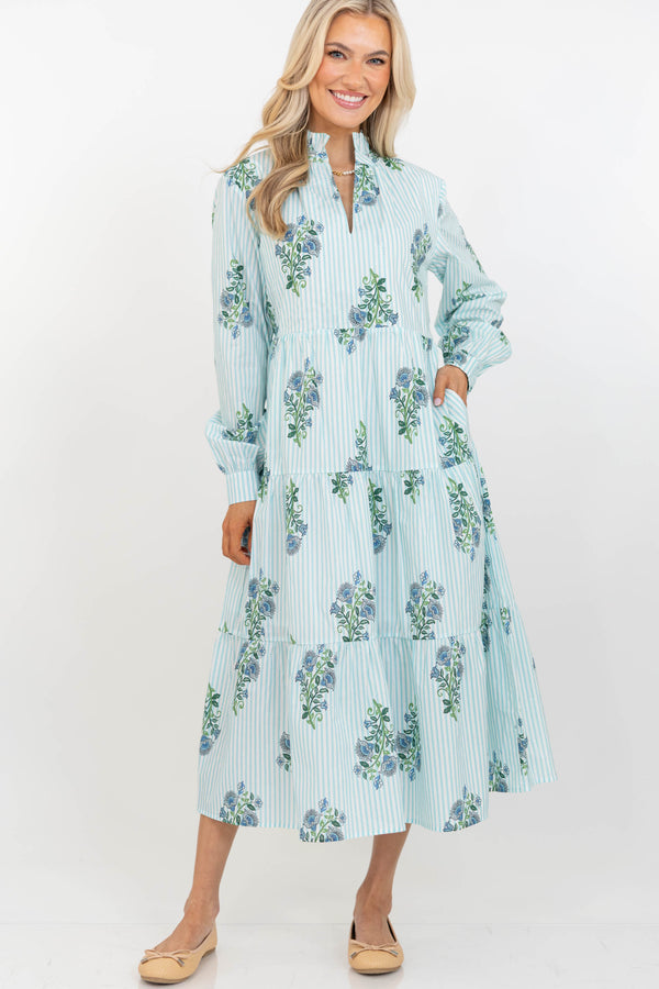 In Your Dreams Light Blue Medallion L/S Midi Dress