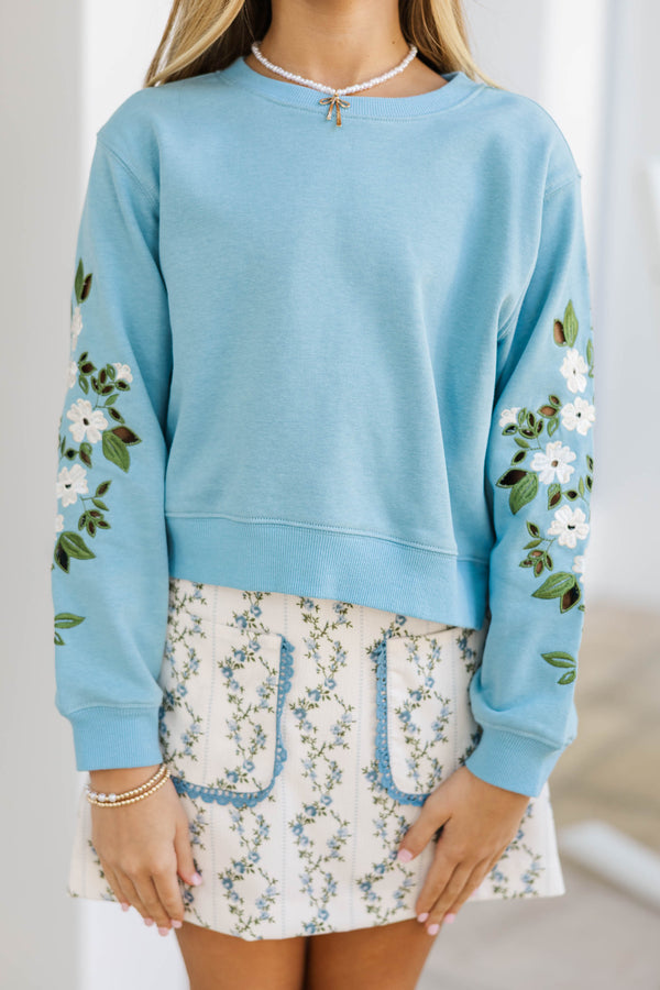 Girls: Chill Time Light Blue Embroidered Crew Neck Sweatshirt
