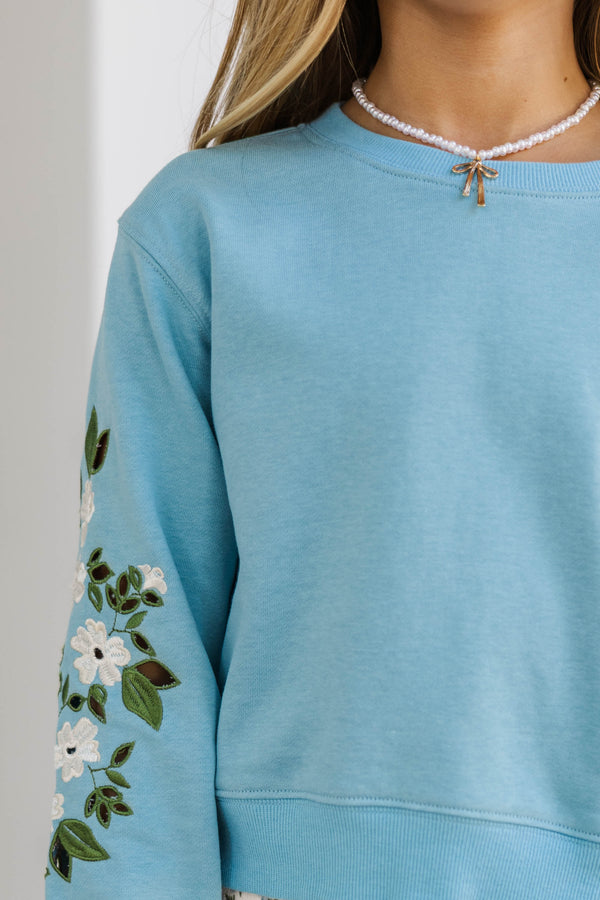 Girls: Chill Time Light Blue Embroidered Crew Neck Sweatshirt