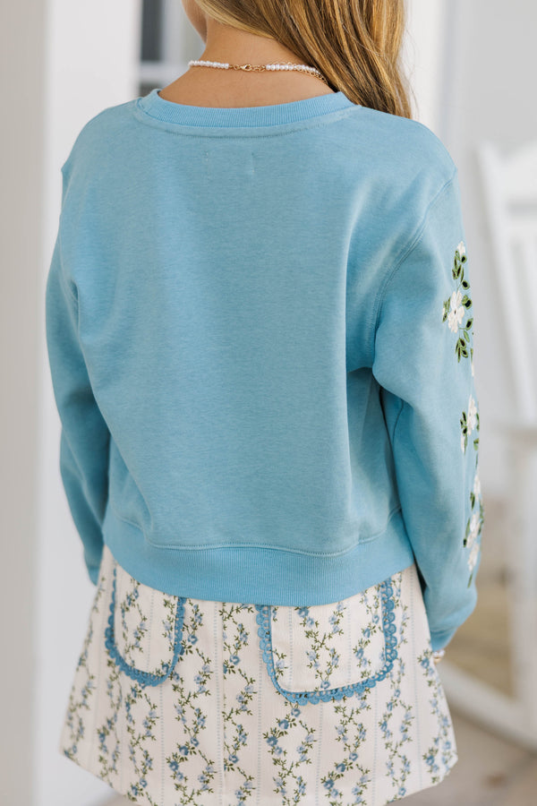 Girls: Chill Time Light Blue Embroidered Crew Neck Sweatshirt