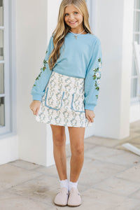 Girls: Chill Time Light Blue Embroidered Crew Neck Sweatshirt