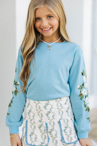Girls: Chill Time Light Blue Embroidered Crew Neck Sweatshirt
