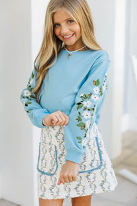 Girls: Chill Time Light Blue Embroidered Crew Neck Sweatshirt