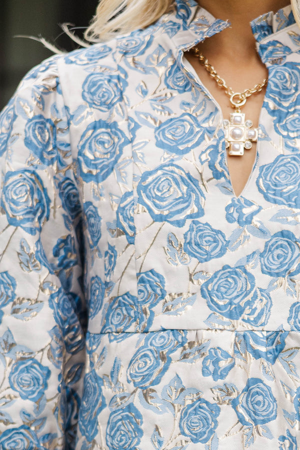 Free To Be Blue Floral Brocade Babydoll Dress