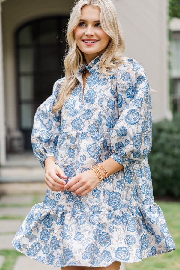 Free To Be Blue Floral Brocade Babydoll Dress
