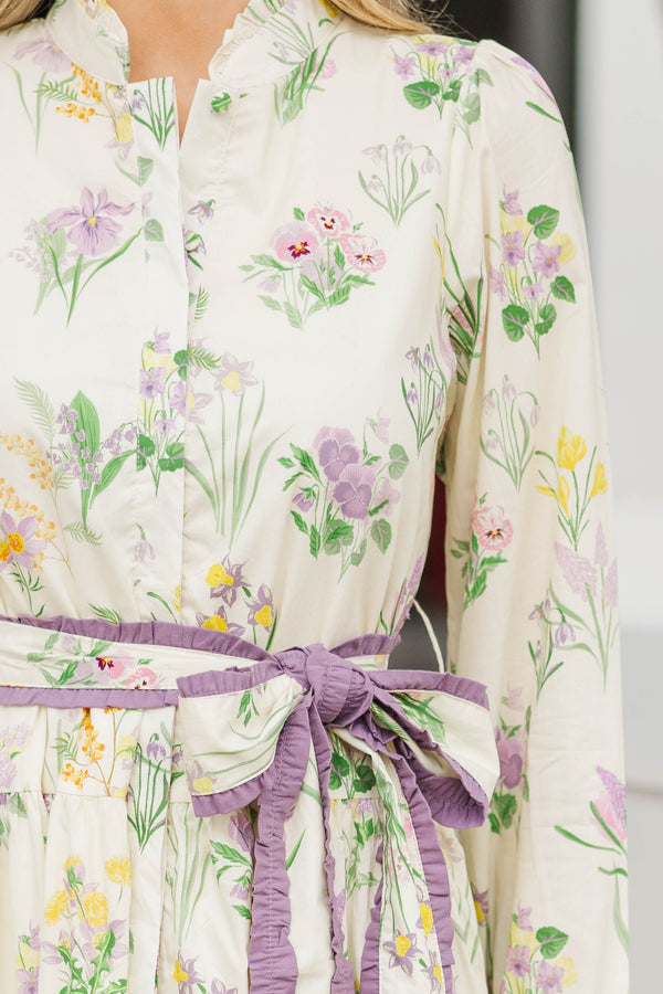 Living Easy Cream Floral Linen Midi Dress