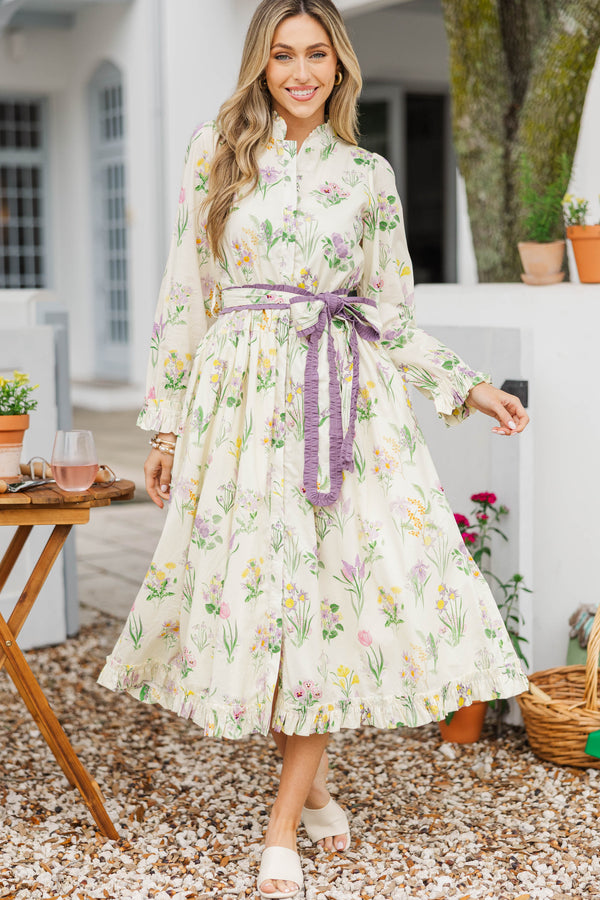 Living Easy Cream Floral Linen Midi Dress