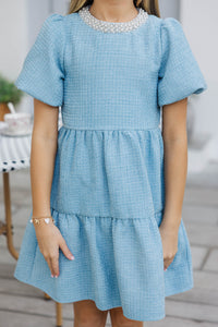 Girls: Cherished Moments Light Blue Tweed Babydoll Dress