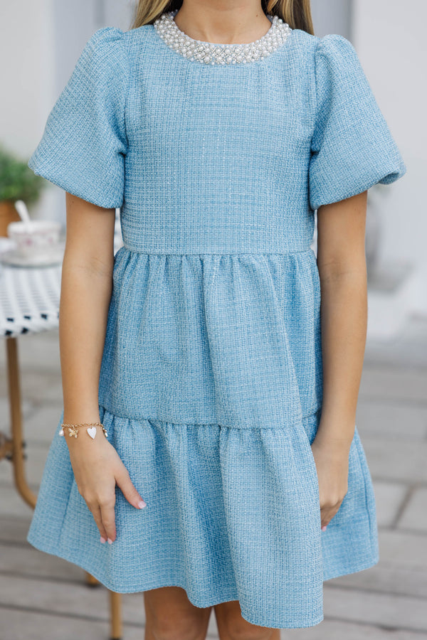 Girls: Cherished Moments Light Blue Tweed Babydoll Dress