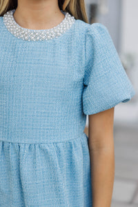 Girls: Cherished Moments Light Blue Tweed Babydoll Dress