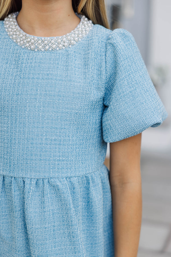 Girls: Cherished Moments Light Blue Tweed Babydoll Dress