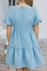 Girls: Cherished Moments Light Blue Tweed Babydoll Dress