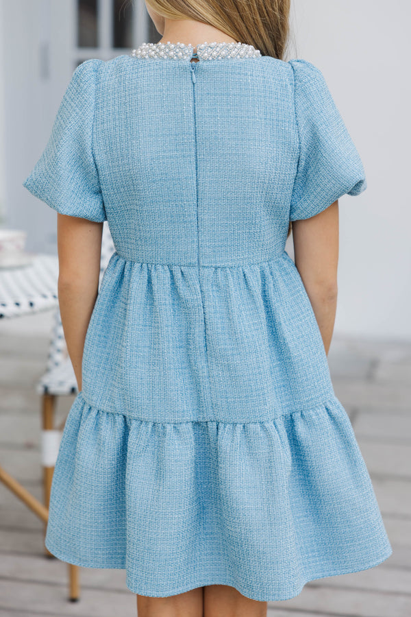 Girls: Cherished Moments Light Blue Tweed Babydoll Dress