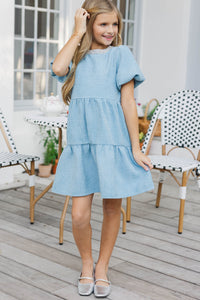 Girls: Cherished Moments Light Blue Tweed Babydoll Dress