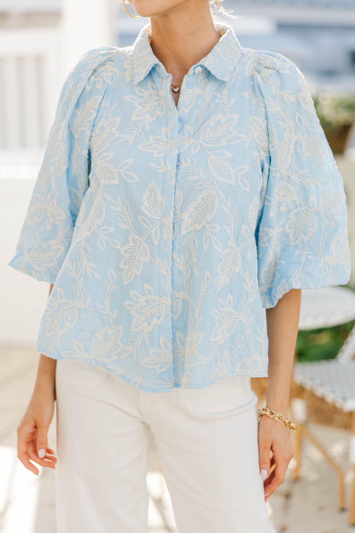 Let's Run Light Blue Embroidered Bubble Sleeve Blouse – Shop the Mint