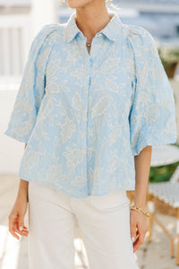 Let's Run Light Blue Embroidered Bubble Sleeve Blouse