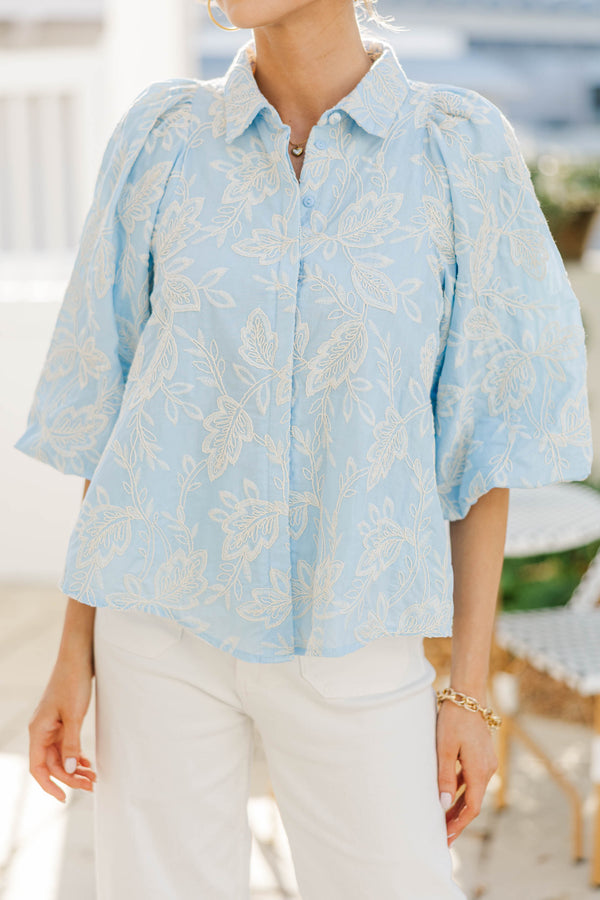 Let's Run Light Blue Embroidered Bubble Sleeve Blouse
