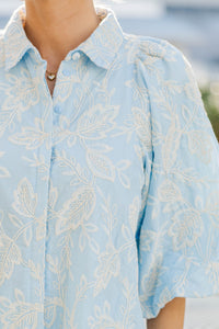 Let's Run Light Blue Embroidered Bubble Sleeve Blouse