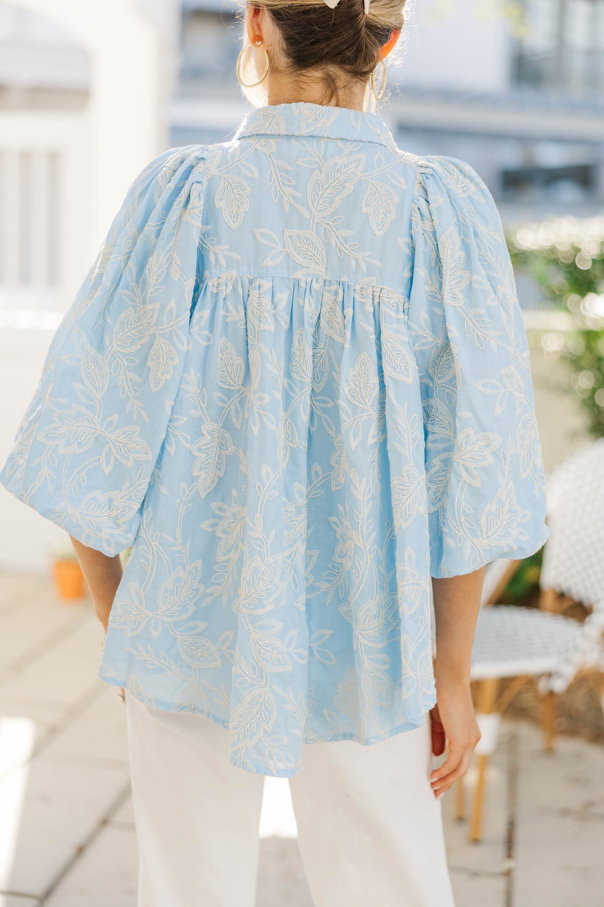 Let's Run Light Blue Embroidered Bubble Sleeve Blouse – Shop the Mint