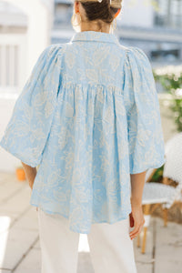 Let's Run Light Blue Embroidered Bubble Sleeve Blouse
