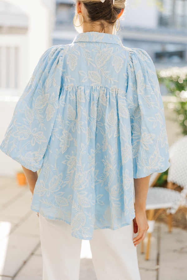 Let's Run Light Blue Embroidered Bubble Sleeve Blouse
