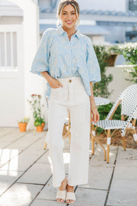 Let's Run Light Blue Embroidered Bubble Sleeve Blouse